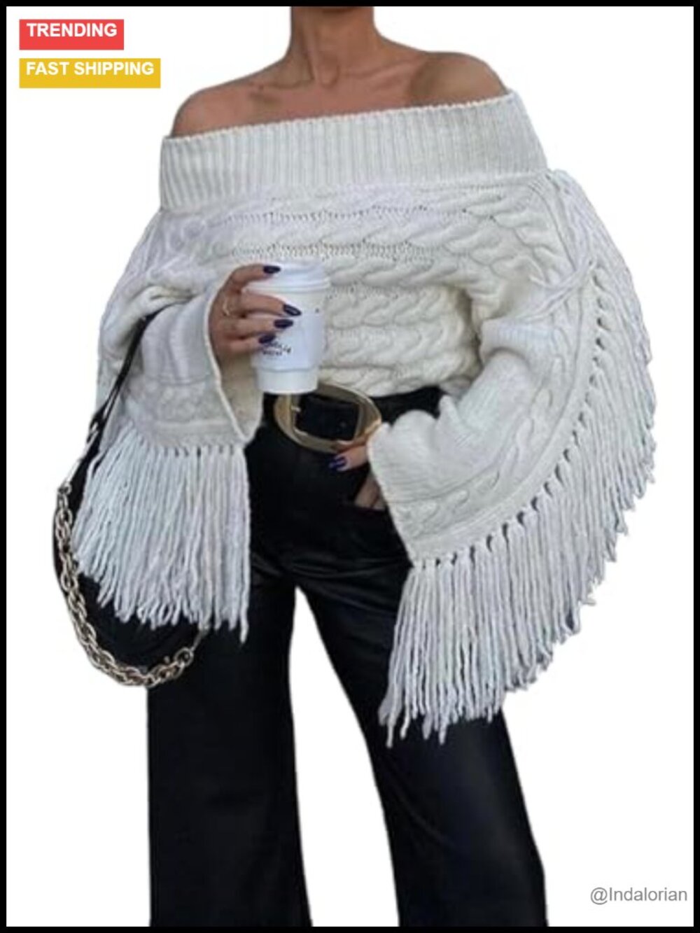 Off The Shoulder Fringe Cropped Sweater Long Sleeve Knit Tassel Top